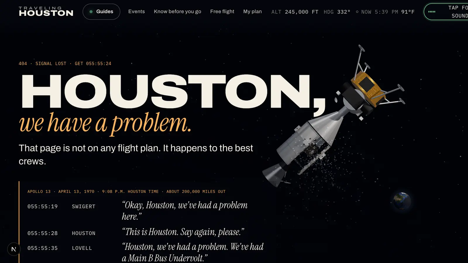 The 404 page: the headline Houston, we have a problem, over a model of the Apollo 13 command module with the lunar module docked, drifting in space with the Earth small behind it, and the flight transcript below.