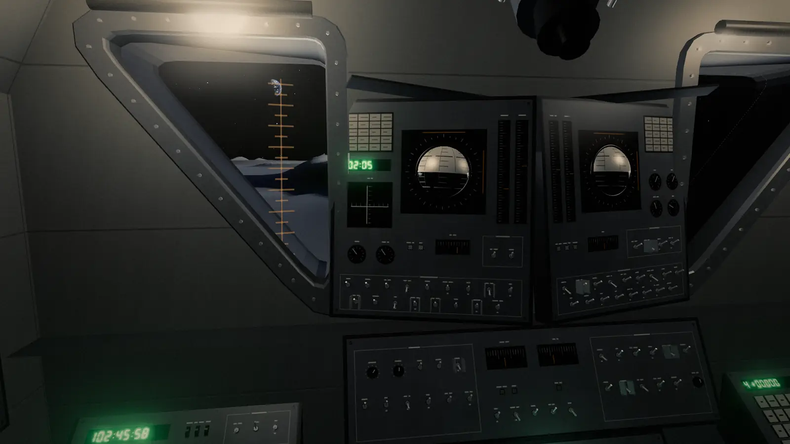 Inside the lunar module cabin: angled windows onto the gray lunar surface, instrument panels with round gauges, and a green mission clock.