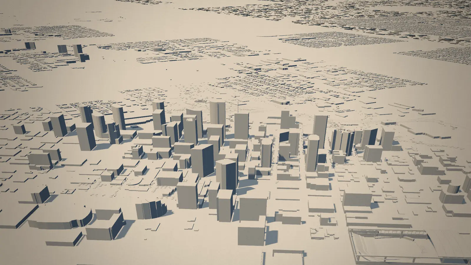 Downtown Houston as a matte clay model at noon: the towers as pale blocks with hard shadows, low buildings spreading to the horizon.