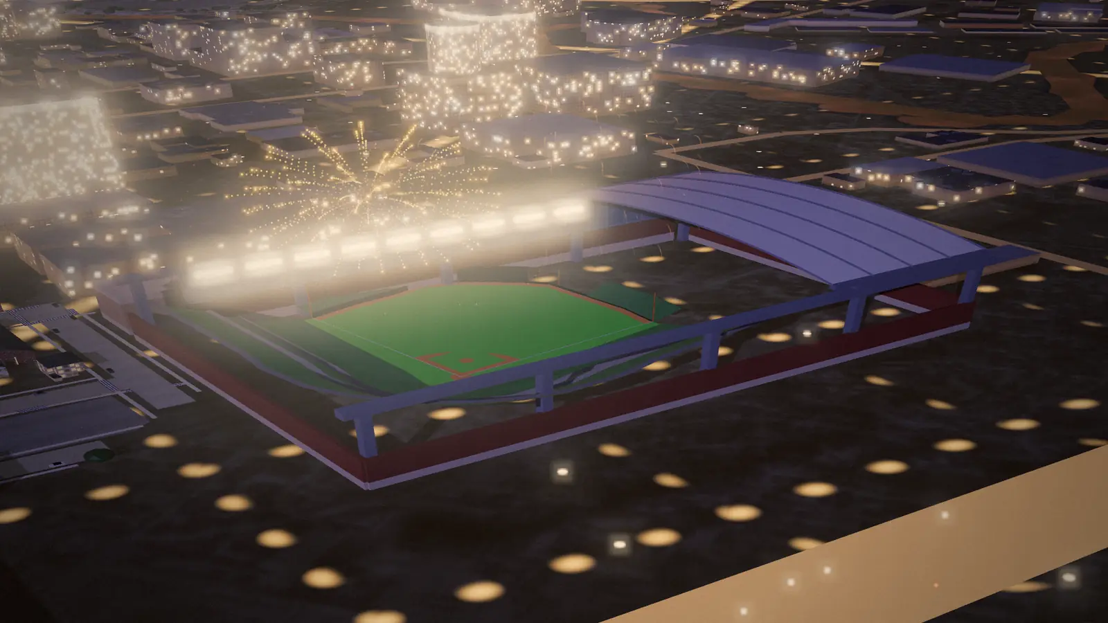 Daikin Park at night from above home plate, the field lit green under the open roof, fireworks bursting gold over the stadium.