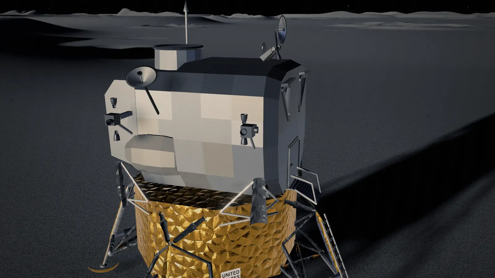 The lunar module standing on the Moon: a gray paneled ascent stage above a descent stage wrapped in crumpled gold foil, its long shadow across the plain.