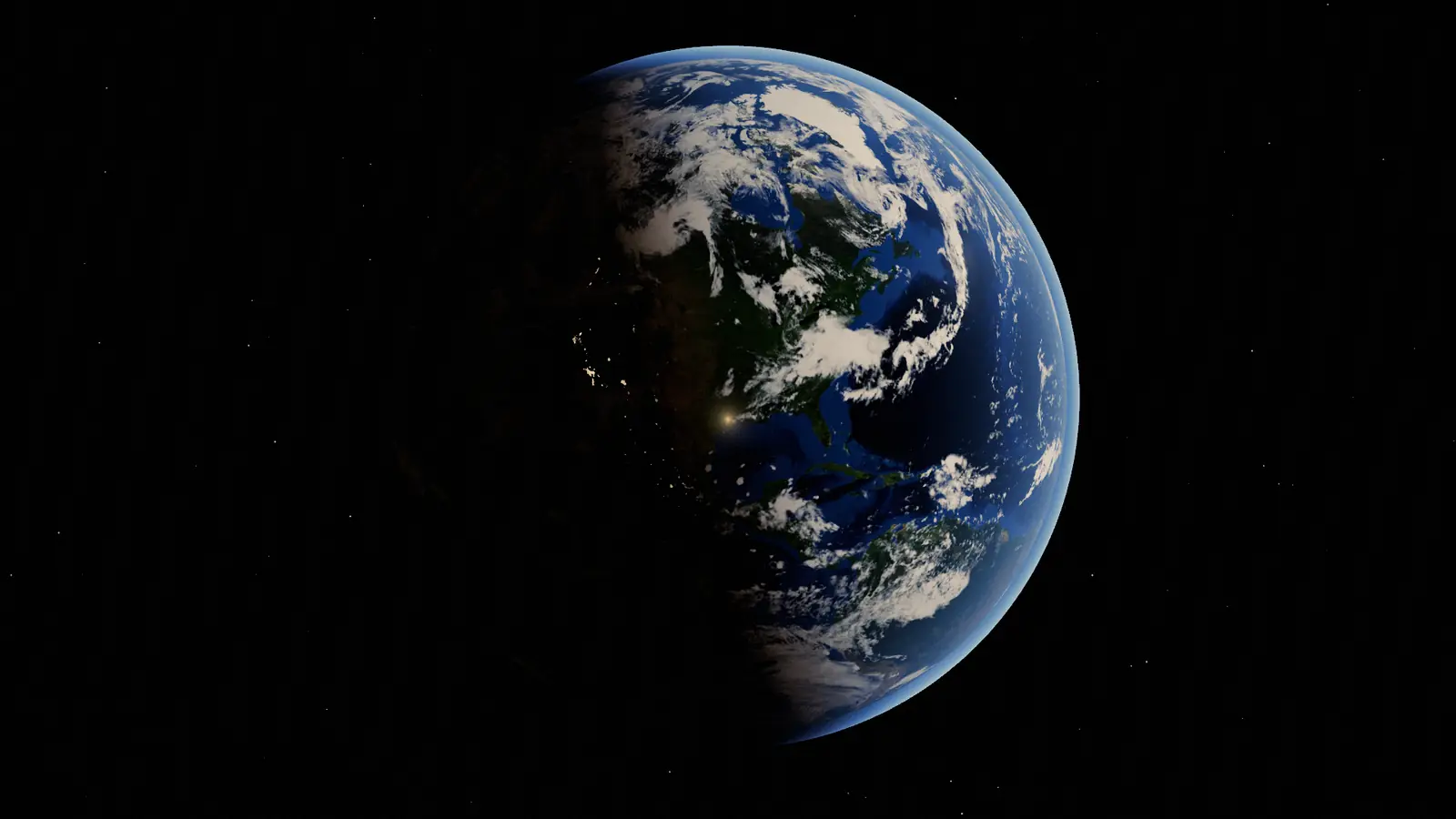 The Earth against black space, the Americas lit on the day side with cloud bands, the terminator crossing the Gulf of Mexico.