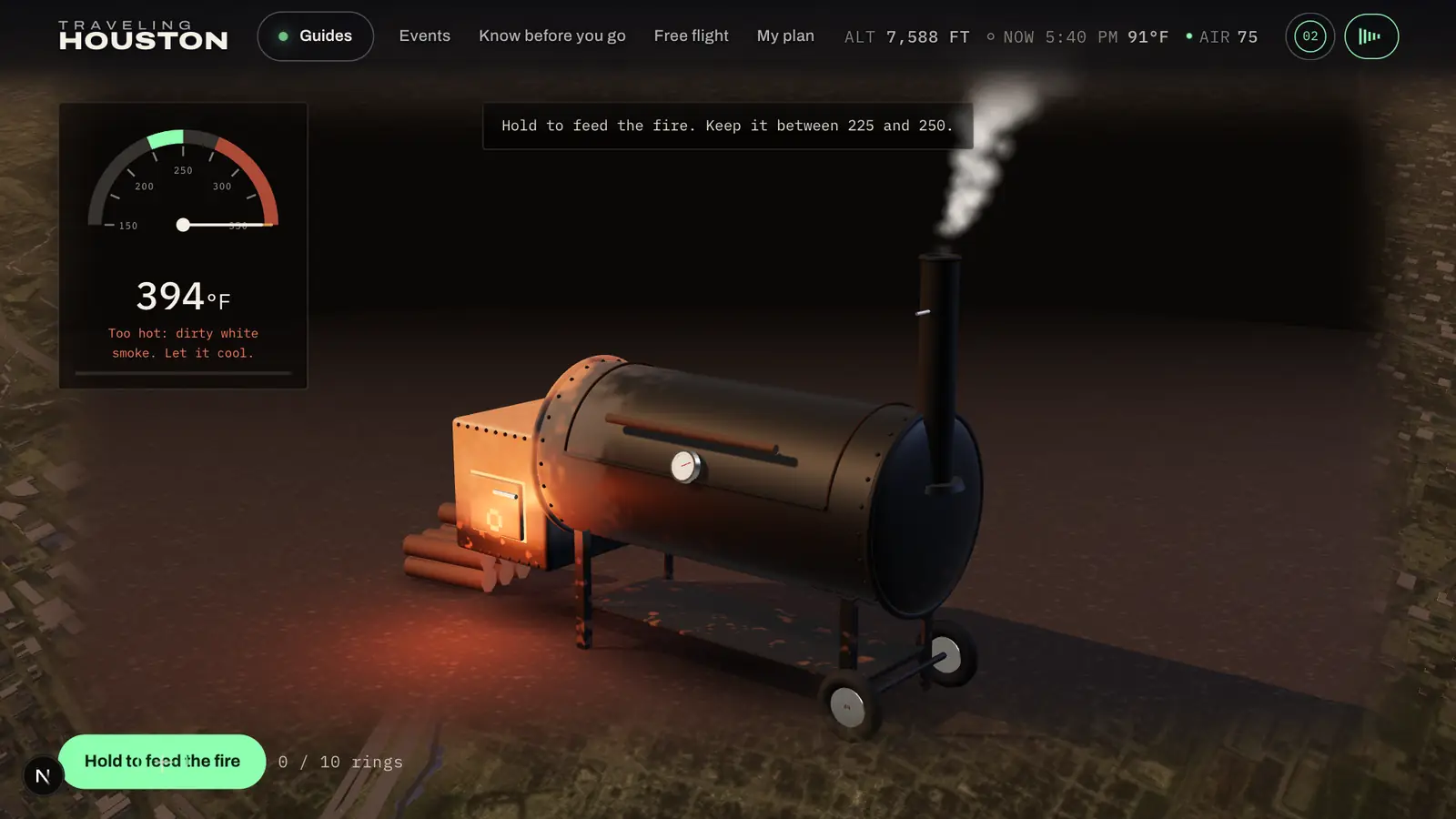 The Pit: an offset smoker at night with its firebox glowing, white smoke rising from the stack, and a temperature dial reading well past the target band.