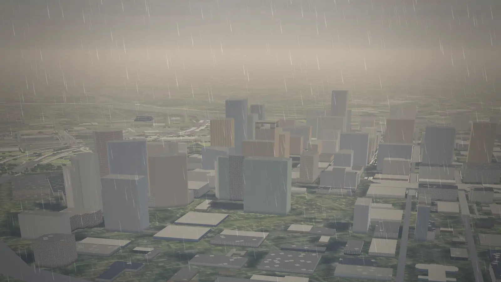 Downtown Houston under a gray overcast sky with rain streaking across the view, the towers muted by haze.
