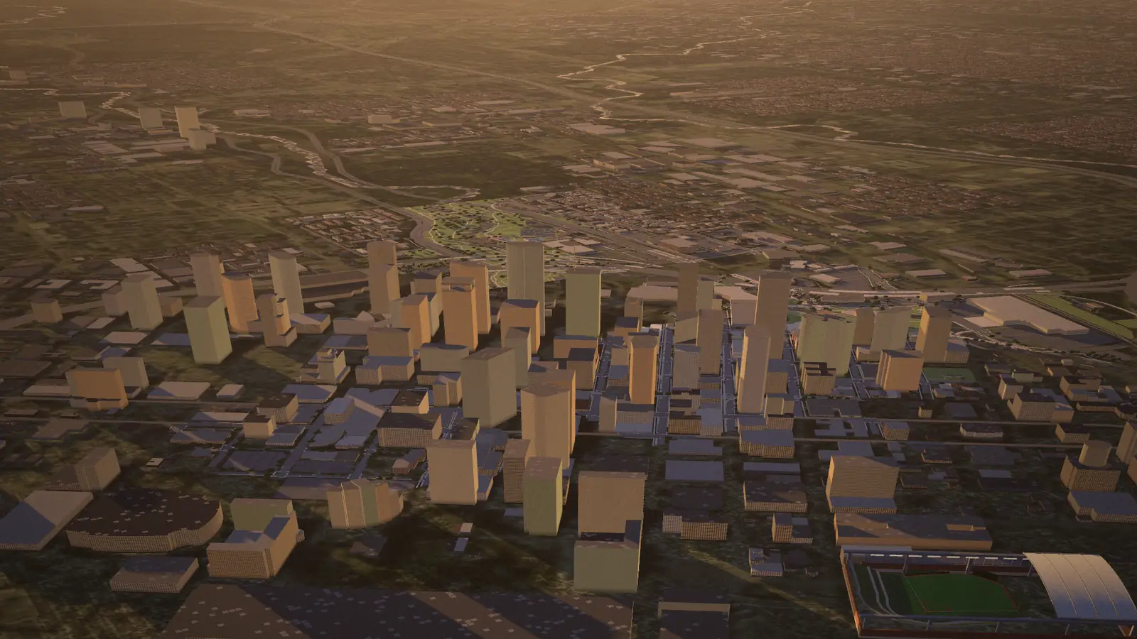 The same view of downtown Houston at golden hour, towers lit amber, streets and freeways below, Daikin Park in the corner and the green land beyond.