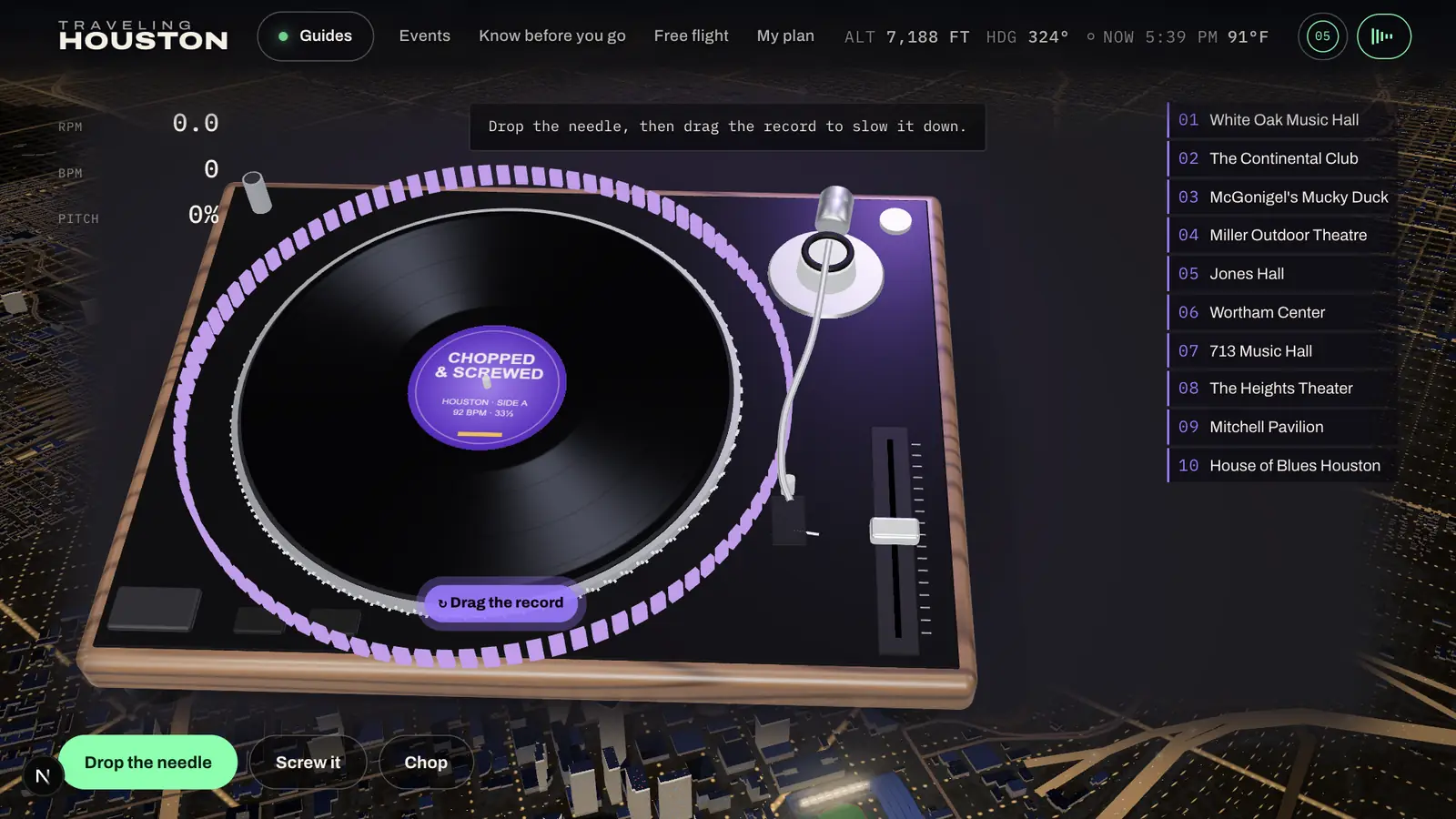 Chopped and Screwed: a turntable on a walnut plinth with a purple-labeled record, a tonearm and a fader, with RPM and pitch readouts and the ten live music venues listed beside it.
